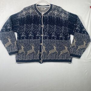 Vintage Winona Fair Isle Cardigan Sweater Womens L Nordic Reindeer Cotton Knit